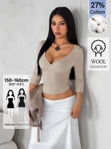 SHEIN PETITE Women's Petite Slim-Fit Stretchy Top With Crossover V-Neck And 3/4 Sleeves - Khaki - View 7