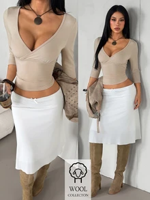 SHEIN PETITE Women's Petite Slim-Fit Stretchy Top With Crossover V-Neck And 3/4 Sleeves - Khaki - View 1