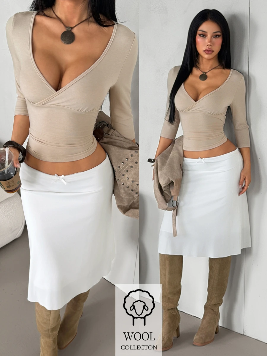 SHEIN PETITE Women's Petite Slim-Fit Stretchy Top With Crossover V-Neck And 3/4 Sleeves - Khaki - View 1