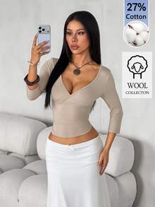 SHEIN PETITE Women's Petite Slim-Fit Stretchy Top With Crossover V-Neck And 3/4 Sleeves - Khaki - View 5