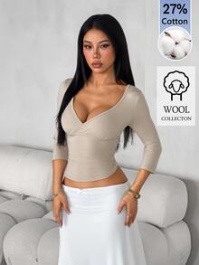 SHEIN PETITE Women's Petite Slim-Fit Stretchy Top With Crossover V-Neck And 3/4 Sleeves - Khaki - View 6