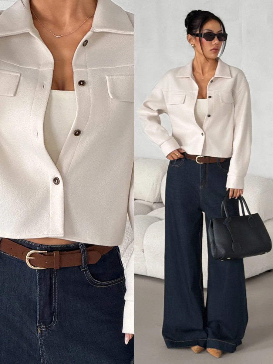 SHEIN PETITE Flap Pocket Drop Shoulder Button Front Overcoat In Fall/Winter Casual Everyday Off-White - Apricot - View 1