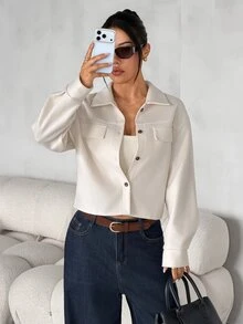 SHEIN PETITE Flap Pocket Drop Shoulder Button Front Overcoat In Fall/Winter Casual Everyday Off-White - Apricot - View 3