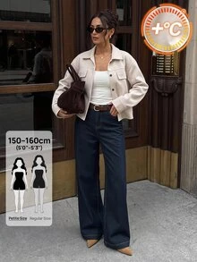 SHEIN PETITE Flap Pocket Drop Shoulder Button Front Overcoat In Fall/Winter Casual Everyday Off-White - Apricot - View 4