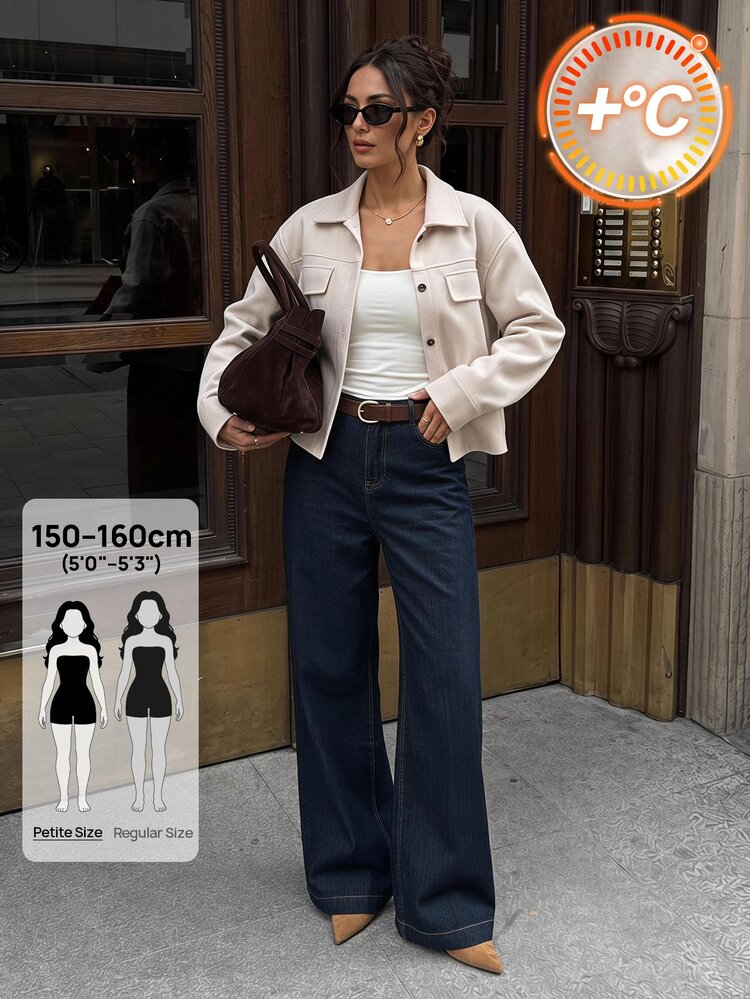 SHEIN PETITE Flap Pocket Drop Shoulder Button Front Overcoat In Fall/Winter Casual - Apricot - View 4