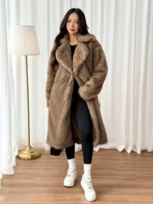 SHEIN PETITE Women's Winter New Brown Faux Fur Mid-Length Coat With Lapel - Multicolor - View 7