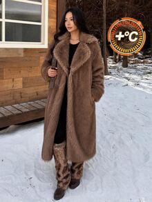 SHEIN PETITE Women's Winter New Brown Faux Fur Mid-Length Coat With Lapel - Multicolor - View 5