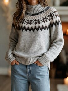 SHEIN LUNE Women's Colorblock Fair Isle Sweater Casual Snowflake Knitwear Vintage Graphic Pullover 2026 Fall Winter Clothes Grey Christmas Knit Top New Year - Light Grey - View 10