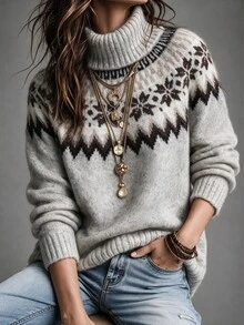 SHEIN LUNE Women's Colorblock Fair Isle Sweater Casual Snowflake Knitwear Vintage Graphic Pullover 2026 Fall Winter Clothes Grey Christmas Knit Top New Year - Light Grey - View 4