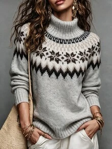 SHEIN LUNE Women's Colorblock Fair Isle Sweater Casual Snowflake Knitwear Vintage Graphic Pullover 2026 Fall Winter Clothes Grey Christmas Knit Top New Year - Light Grey - View 5