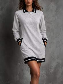 Breezaya Autumn Clothes For Women Grey Long Sleeve Polo Collar Dress Contrast Trim Button Front Pockets Everyday School Casual Preppy - Grey - View 5