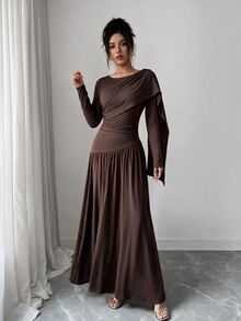 SHEIN LUNE Plus Size Women's Fall/ Shawl Collar Ruched Waist A-Line Elegant Mature Commuter Dress Dinner Party Dark Brown - Brown - View 4