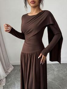 SHEIN LUNE Plus Size Women's Fall/ Shawl Collar Ruched Waist A-Line Elegant Mature Commuter Dress Dinner Party Dark Brown - Brown - View 5