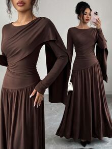SHEIN LUNE Plus Size Women's Fall/ Shawl Collar Ruched Waist A-Line Elegant Mature Commuter Dress Dinner Party Dark Brown - Brown - View 3