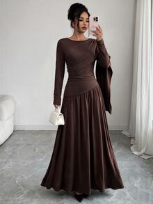 SHEIN LUNE Plus Size Women's Fall/ Shawl Collar Ruched Waist A-Line Elegant Mature Commuter Dress Dinner Party Dark Brown - Brown - View 1