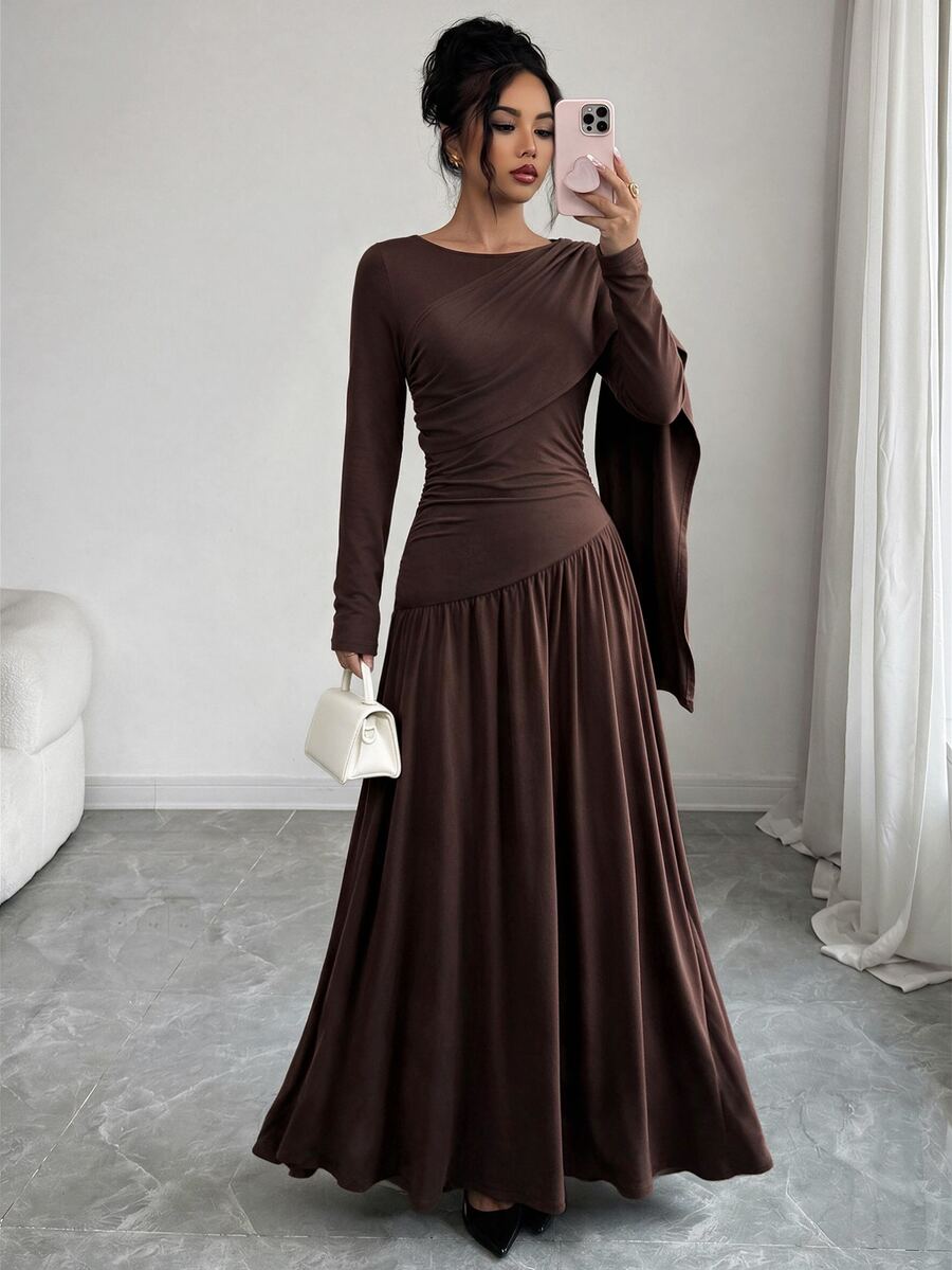 SHEIN LUNE Plus Size Women's Fall/ Shawl Collar Ruched Waist A-Line Elegant Mature Commuter Dress Dinner Party Dark Brown - Brown - View 1