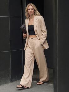 Airaco Women's Solid Color Front Button Closure Long Sleeve Blazer Jacket And Pants Elegant Suit Set Fall Cloth For Women - Khaki - View 2