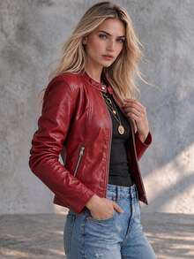 Trelyra Women's Button & Zipper Long Sleeve PU Material Jacket Streetwear - Red - View 4