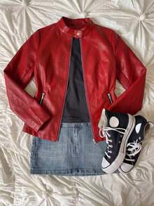 Trelyra Women's Button & Zipper Long Sleeve PU Material Jacket Streetwear - Red - View 3