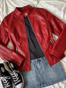 Trelyra Women's Button & Zipper Long Sleeve PU Material Jacket Streetwear - Red - View 5