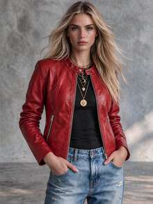 Trelyra Women's Button & Zipper Long Sleeve PU Material Jacket Streetwear - Red - View 1