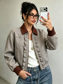 SHEIN Women's Fall Ruffle Decor Pocket Tweed Fabric Lapel Collar Frill Trim Long Sleeve Jacket Top Casual Elegant Warm Colorblock Brown Zipper Everyday - Multicolor - View 4