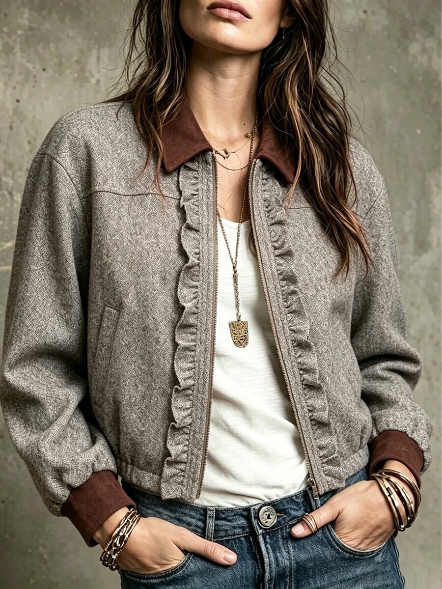 SHEIN Women's Fall Ruffle Decor Pocket Tweed Fabric Lapel Collar Frill Trim Long Sleeve Jacket Top Casual Elegant Warm Colorblock Brown Zipper Everyday - Multicolor - View 1