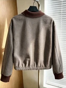SHEIN Women's Fall Ruffle Decor Pocket Tweed Fabric Lapel Collar Frill Trim Long Sleeve Jacket Top Casual Elegant Warm Colorblock Brown Zipper Everyday - Multicolor - View 2