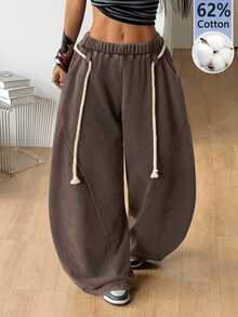 Coolane Women's All-Season Comfortable Basic Casual Streetwear Lounge Homewear Brown Elastic Waist Drawstring Pocket Curved Leg Wide Leg Sweatpants - Coffee Brown - View 5