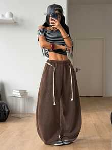 Coolane Women's All-Season Comfortable Basic Casual Streetwear Lounge Homewear Brown Elastic Waist Drawstring Pocket Curved Leg Wide Leg Sweatpants - Coffee Brown - View 6