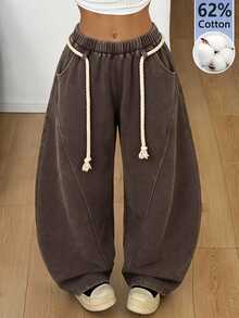 Coolane Women's All-Season Comfortable Basic Casual Streetwear Lounge Homewear Brown Elastic Waist Drawstring Pocket Curved Leg Wide Leg Sweatpants - Coffee Brown - View 3