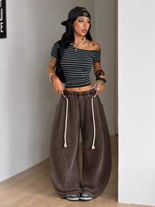 Coolane Women's All-Season Comfortable Basic Casual Streetwear Lounge Homewear Brown Elastic Waist Drawstring Pocket Curved Leg Wide Leg Sweatpants - Coffee Brown - View 2
