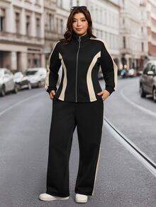 SHEIN LUNE Plus Size Women 2pcs Set Autumn/Winter Thermal Lined Slim Fit Stand Collar Open Front Jacket With Pockets And Slim Fit Pants Casual Daily Wear - Black - View 6