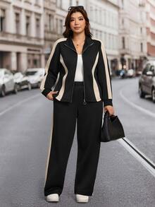 SHEIN LUNE Plus Size Women 2pcs Set Autumn/Winter Thermal Lined Slim Fit Stand Collar Open Front Jacket With Pockets And Slim Fit Pants Casual Daily Wear - Black - View 3