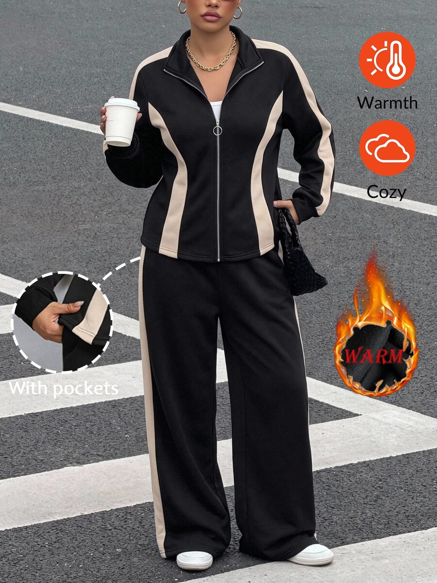 SHEIN LUNE Plus Size Women 2pcs Set Autumn/Winter Thermal Lined Slim Fit Stand Collar Open Front Jacket With Pockets And Slim Fit Pants Casual Daily Wear - Black - View 1