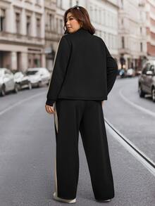 SHEIN LUNE Plus Size Women 2pcs Set Autumn/Winter Thermal Lined Slim Fit Stand Collar Open Front Jacket With Pockets And Slim Fit Pants Casual Daily Wear - Black - View 2