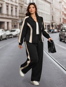 SHEIN LUNE Plus Size Women 2pcs Set Autumn/Winter Thermal Lined Slim Fit Stand Collar Open Front Jacket With Pockets And Slim Fit Pants Casual Daily Wear - Black - View 4