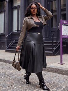 Slaydiva تنورة نسائية مقاس كبير بلون موحد كاجوال متعددة الاستخدامات للارتداء اليومي - الأسود - مشاهدة 6