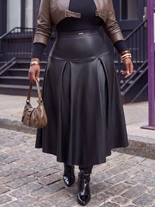Slaydiva تنورة نسائية مقاس كبير بلون موحد كاجوال متعددة الاستخدامات للارتداء اليومي - الأسود - مشاهدة 3