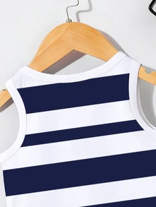 Souflis Souflis 2pcs Baby Boy Casual Tropical Modest Navy White Logo Print Vest + Logo Print Shorts Set, Suitable For Outings In Summer Vacation - Multicolor - View 9