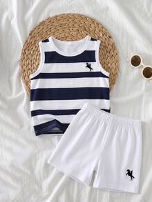 Souflis Souflis 2pcs Baby Boy Casual Tropical Modest Navy White Logo Print Vest + Logo Print Shorts Set, Suitable For Outings In Summer Vacation - Multicolor - View 4