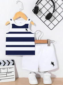 Souflis Souflis 2pcs Baby Boy Casual Tropical Modest Navy White Logo Print Vest + Logo Print Shorts Set, Suitable For Outings In Summer Vacation - Multicolor - View 7