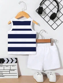 Souflis Souflis 2pcs Baby Boy Casual Tropical Modest Navy White Logo Print Vest + Logo Print Shorts Set, Suitable For Outings In Summer Vacation - Multicolor - View 3