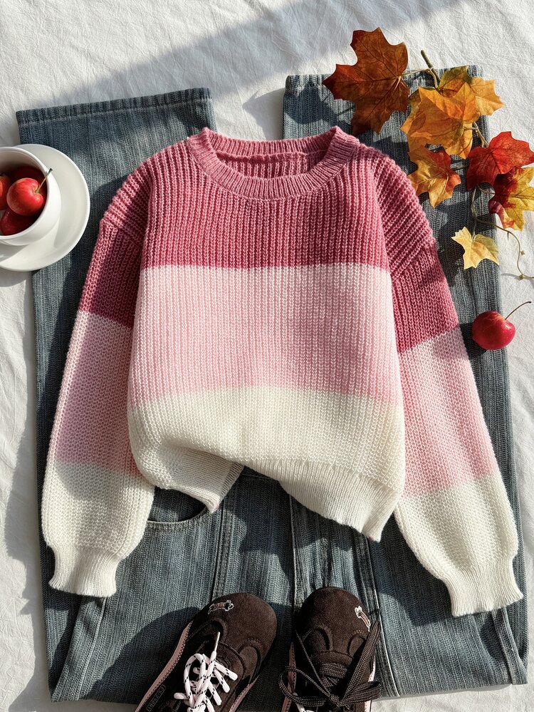 SHEIN Girls' Autumn/Winter Fashion Minimalist Thick Knit Sweater, Pink Striped Gradient Long Sleeve Crew Neck Pullover - Pink - View 5
