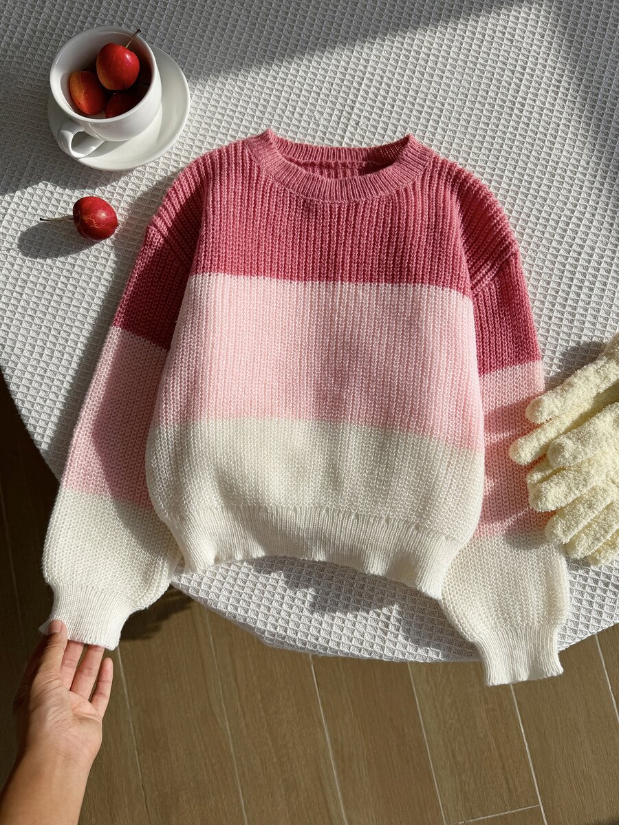SHEIN 女童秋冬時尚極簡厚針織毛衣,粉色條紋漸層長袖圓領套頭衫 - 粉色 - 查看 1
