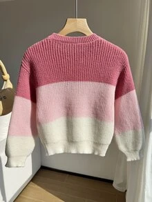 SHEIN 女童秋冬時尚極簡厚針織毛衣，粉色條紋漸層長袖圓領套頭衫 - 粉色 - 查看 2