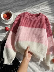 SHEIN 女童秋冬時尚極簡厚針織毛衣，粉色條紋漸層長袖圓領套頭衫 - 粉色 - 查看 4