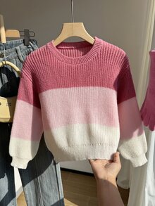SHEIN 女童秋冬時尚極簡厚針織毛衣，粉色條紋漸層長袖圓領套頭衫 - 粉色 - 查看 3