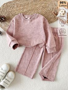 SHEIN Vintaside Kids BABY GIRLS Casual Minimalist Dusty Pink Rib-Knit Solid Long Sleeve Tops And Wide Leg Pants 2 Pieces Set - Pink - View 1