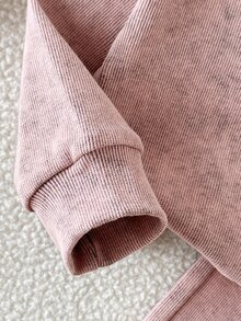 SHEIN Vintaside Kids BABY GIRLS Casual Minimalist Dusty Pink Rib-Knit Solid Long Sleeve Tops And Wide Leg Pants 2 Pieces Set - Pink - View 9